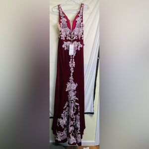 JJs House Burgundy Velvet Maxi Skirt with Pink Embroidered Bodice